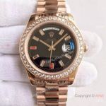 (EW) Swiss ETA3255 Rolex DayDate II 3255 Rose Gold Copy Watch Diamond Bezel Black Dial